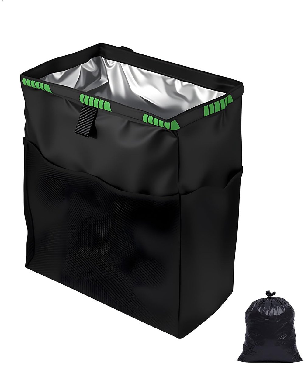 Opvouwbare Auto Afvalbak - Compacte Vuilnisbak voor Auto met 50 Afvalzakken - Waterdichte & Geurwerende Autoprullenbak - Draagbare Afvalcontainer voor Auto Interieur - 35 x 26 x 15 cm - Zwart met Groene Rand