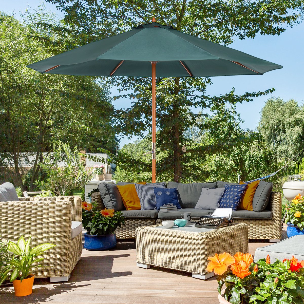 COVREO Stokparasol 270 cm donkergroen polyester, met handkurbel en UV-bescherming