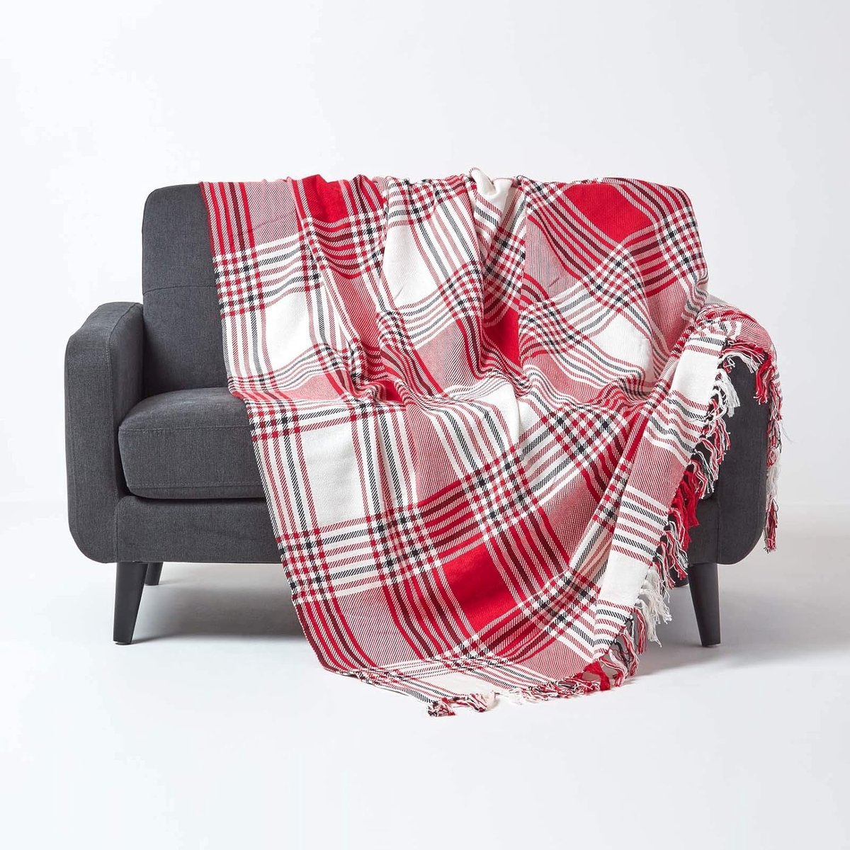 Handgeweven sprei/plaid/deken in rode en witte Schotse ruit met franjes - 255 x 360 cm - 100% puur katoen, plaid