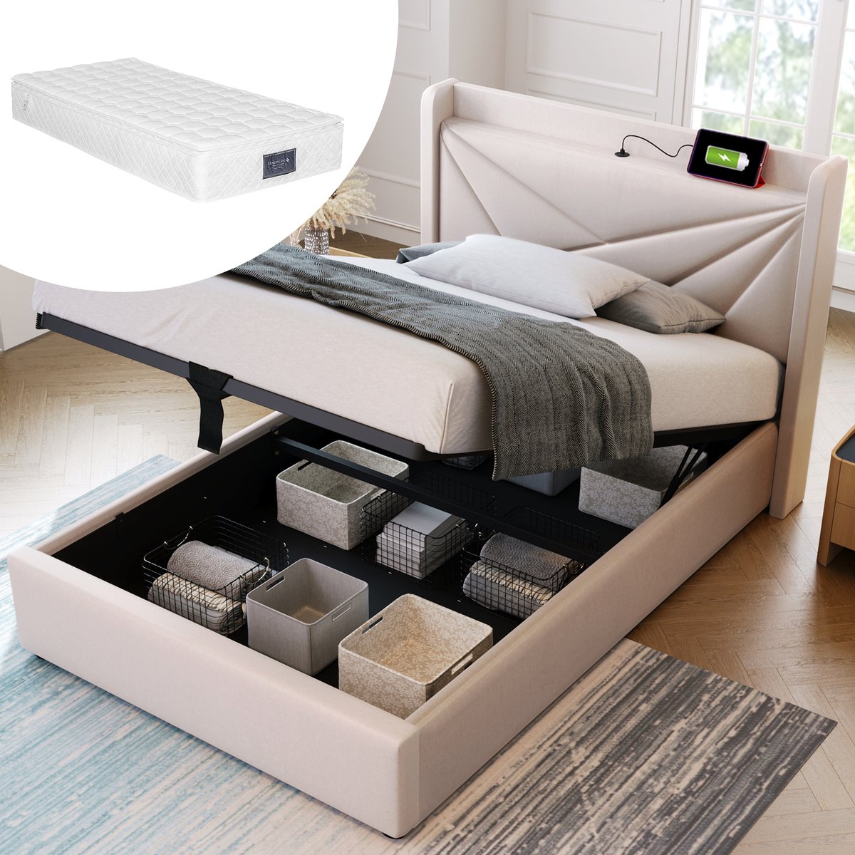 Bedframe - 90x200 Cm - Bed - Met Lattenbodem - Met Opbergruimte - USB C - Beige - Met Matras