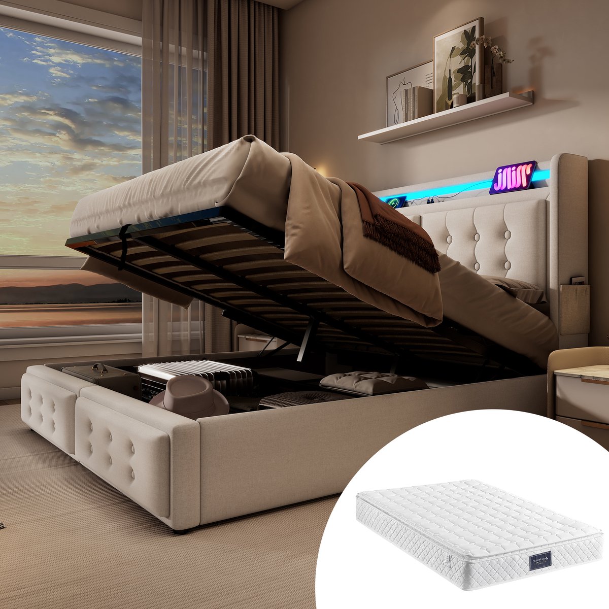 Bedframe - 160x200 Cm - Bed - Met Lattenbodem - LED - USB C - Beige - Met Matras
