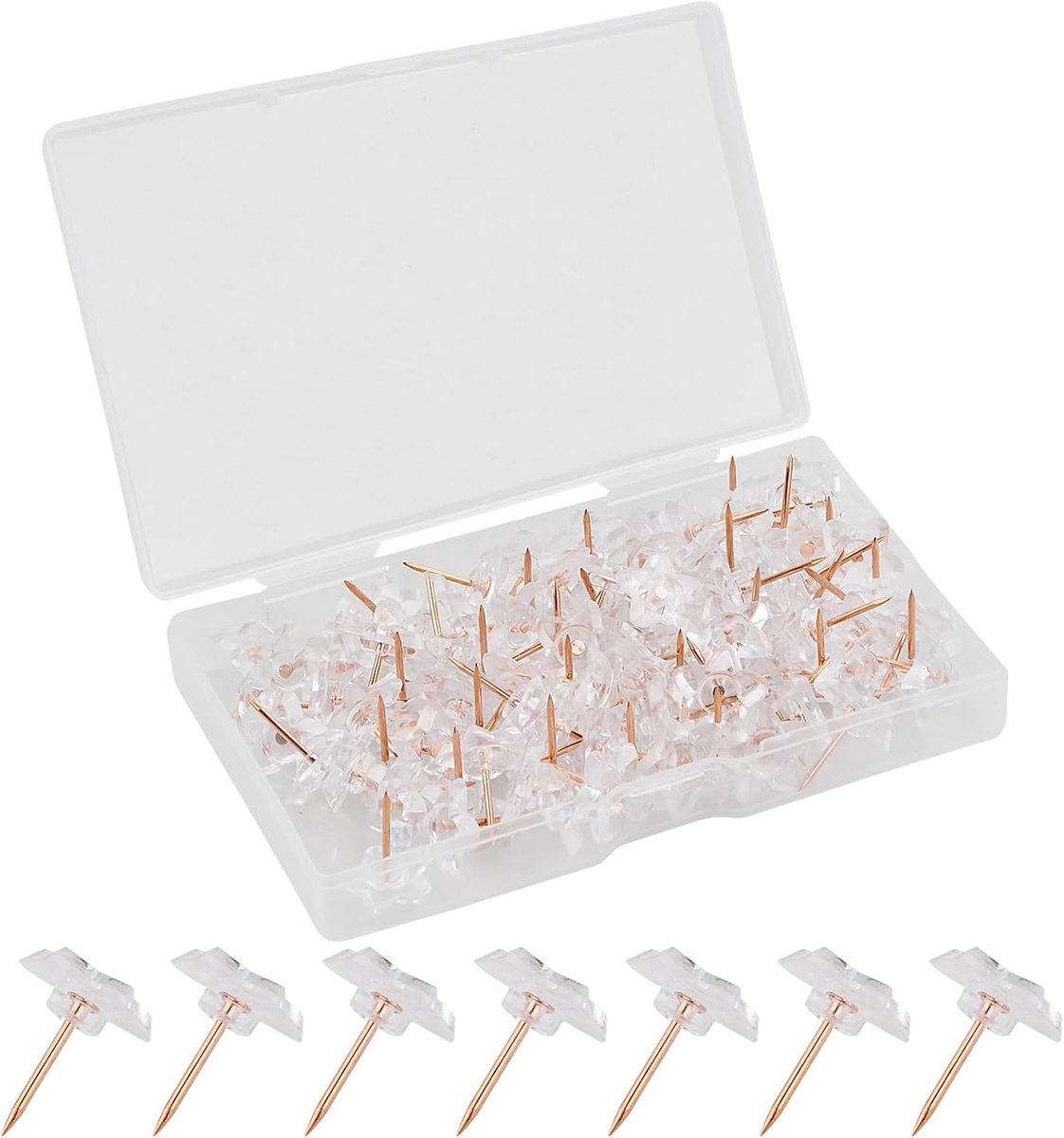 100 stuks heldere stervormige punaises en roségouden punaises met opbergdoos - prikbordnaalden - ideaal voor school - kantoor en thuis - materiaal kunststof en metaal - 15 mm breed - 18 mm lengte