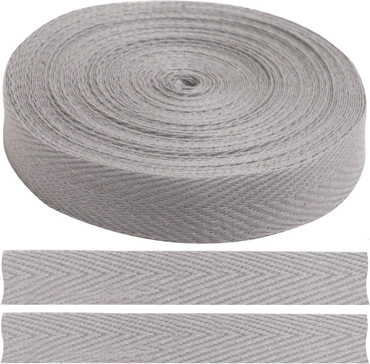 - C77627 - twill lint met visgraatpatroon, 9 meter x 10 mm - van 76% katoen en 24% polyester - kleur lichtgrijs