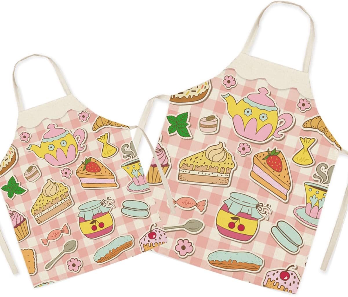 Ouder-kind-schort voor het koken - super leuk patroon katoen en linnen keukenschort voor mama kinderen, koken schilderen tuinschort, Adult: 25.6 x 30 inches, Kid: 17.7 22 inches