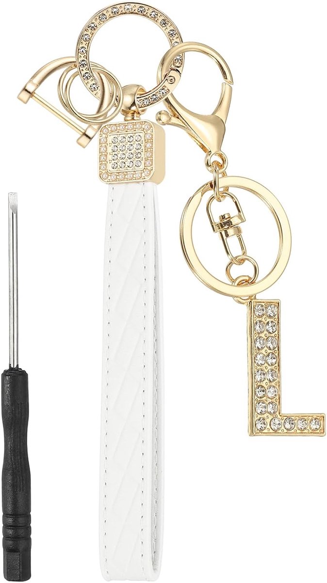 Leren sleutelhanger met manchet, eerste letter L, sleutelhanger met sleutelring en decoratieve ketting voor tas, rugzak, doe-het-zelf, goudkleurig