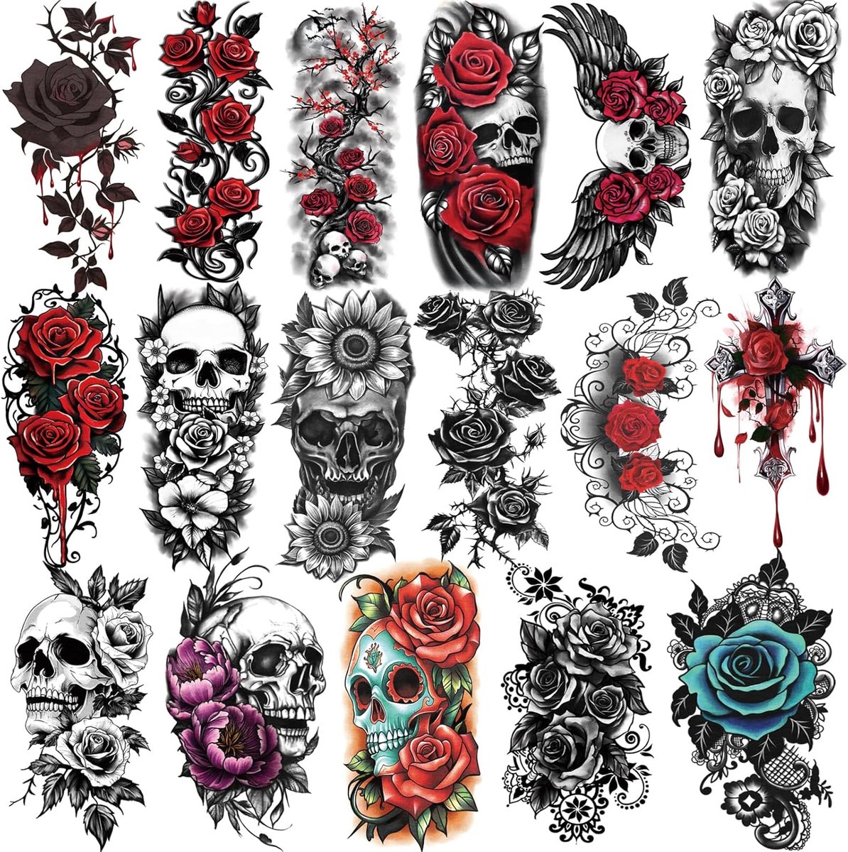 Tijdelijke tatoeages, 17 vellen met halve armen, bloemen, doodshoofd, roos, nep-mouwen voor volwassenen, mannen en vrouwen, 60 vellen kleine tatoeages voor jongens, meisjes en