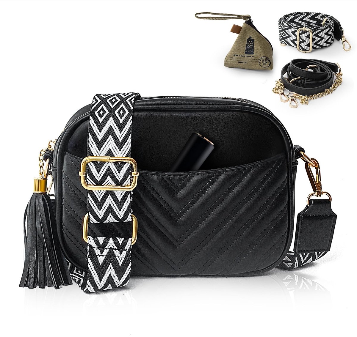 SolidKeus - Dames Leren Crossbody Tas met Brede Strap in Zwart