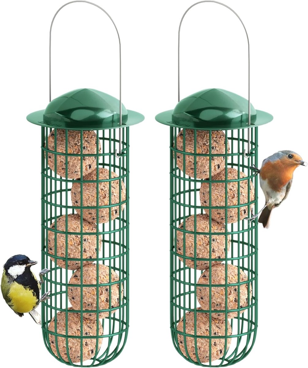 Metalen Vogelvoeders voor Vetbollen - Set van 2 Hangende Voederhouders voor Wilde Vogels in Groene Kleur