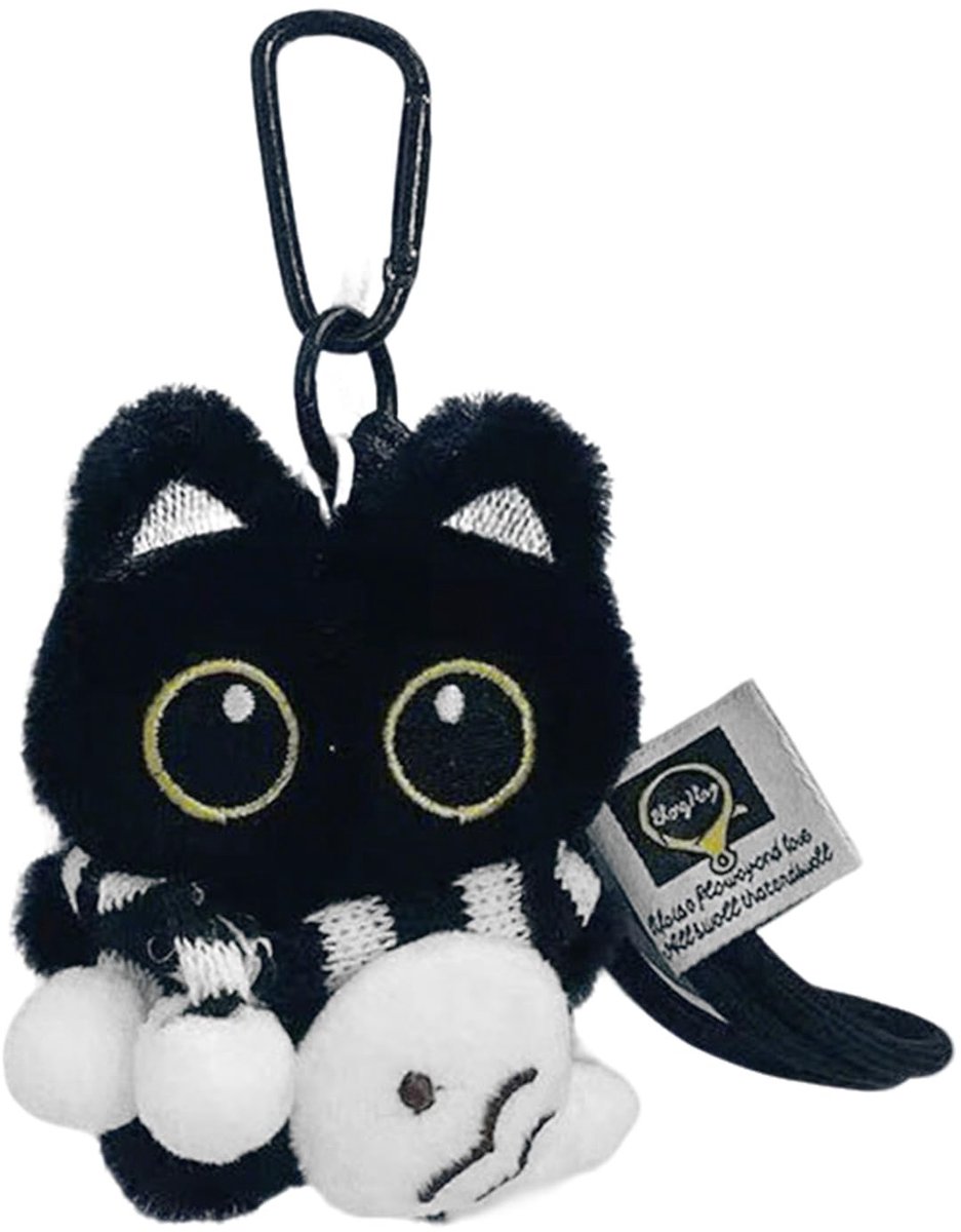 SolidKeus - Pluche Sleutelhanger Zwarte Kat met Schal en Vis