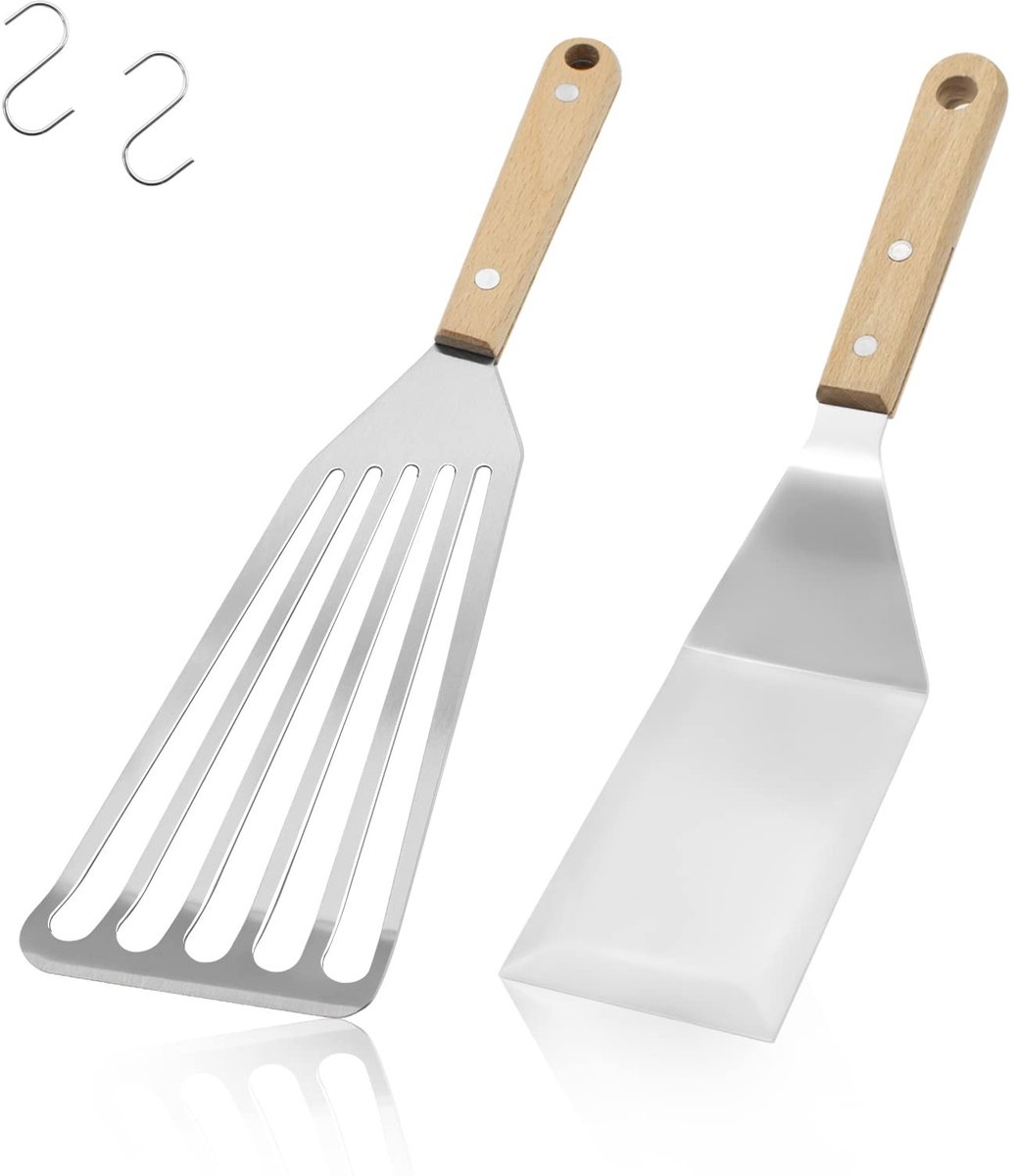 SolidKeus - Set van 2 RVS Vis Spatula's met Houten Handvat