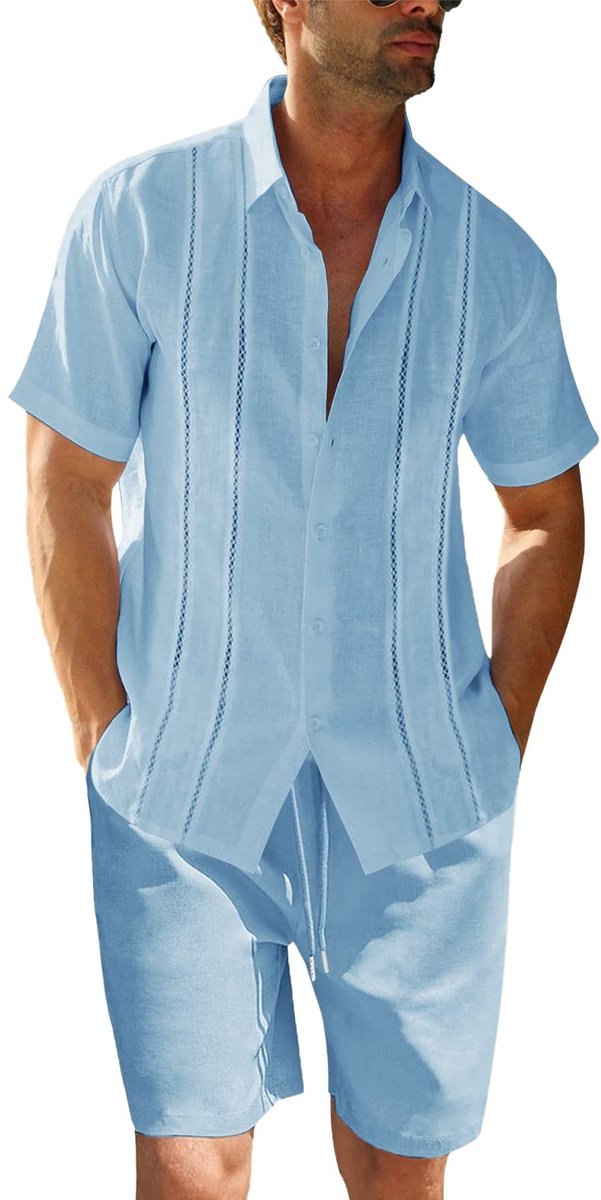 SolidKeus - 2-Piece Linnen Set voor Heren met Korte Mouwen