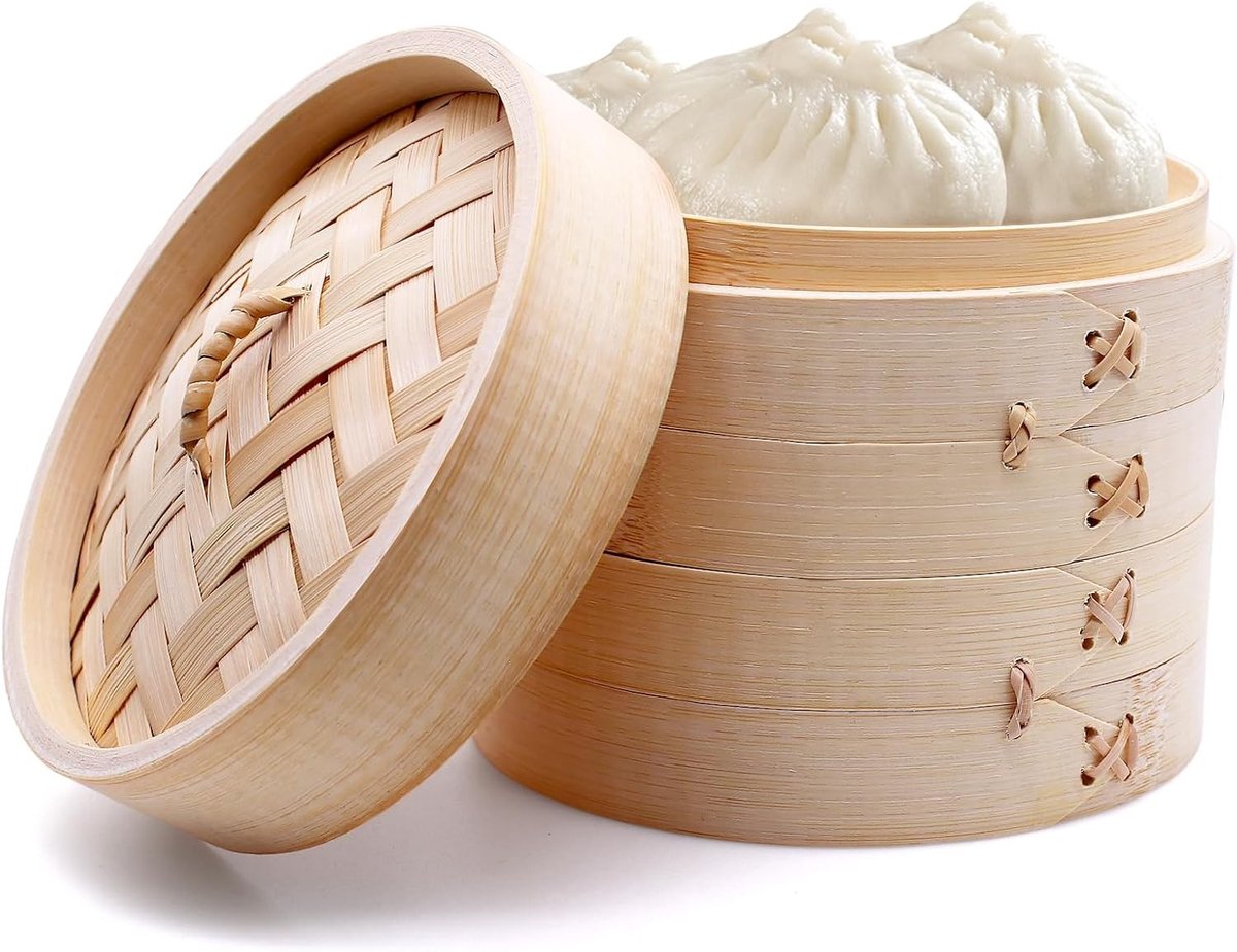 Bamboe Stoompan - Houtkleur - 15 cm - 2-laagse Bamboestomer met Siliconen Stoommatten - Voor Groenten, Vlees en Dim Sum
