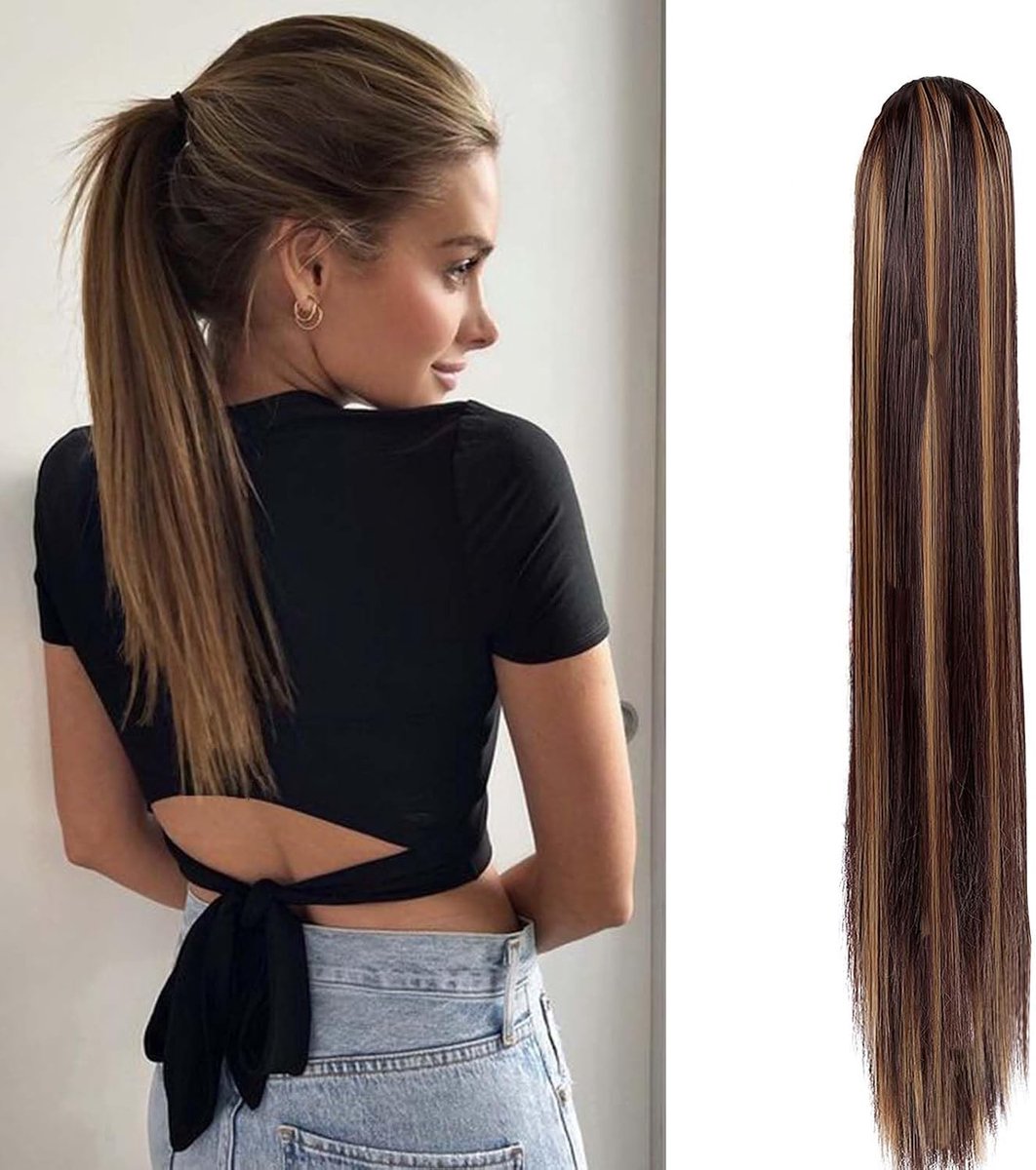 Extensions Vlecht Paardenstaart Haarextensie Glad Lang 55cm Claw Clip-in Haarverlenging Kunsthaar Synthetisch Haarverlenging Vlecht Extension, Medium bruin en donkere blond