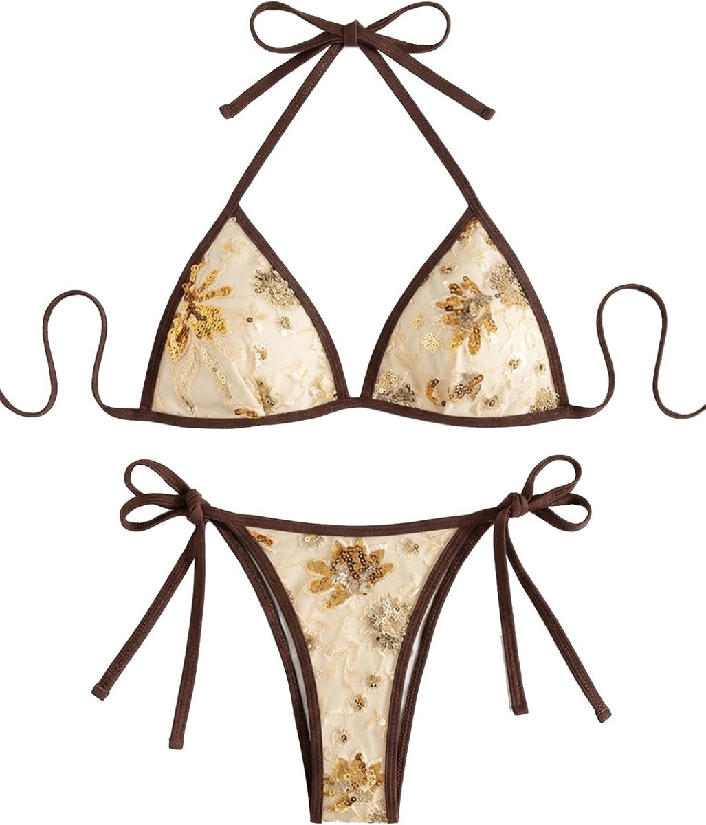 Triangel Bikini voor dames, boho-stijl, bikini met pailletten, badpak, Braziliaanse stijl, glitter, badmode, zwempak