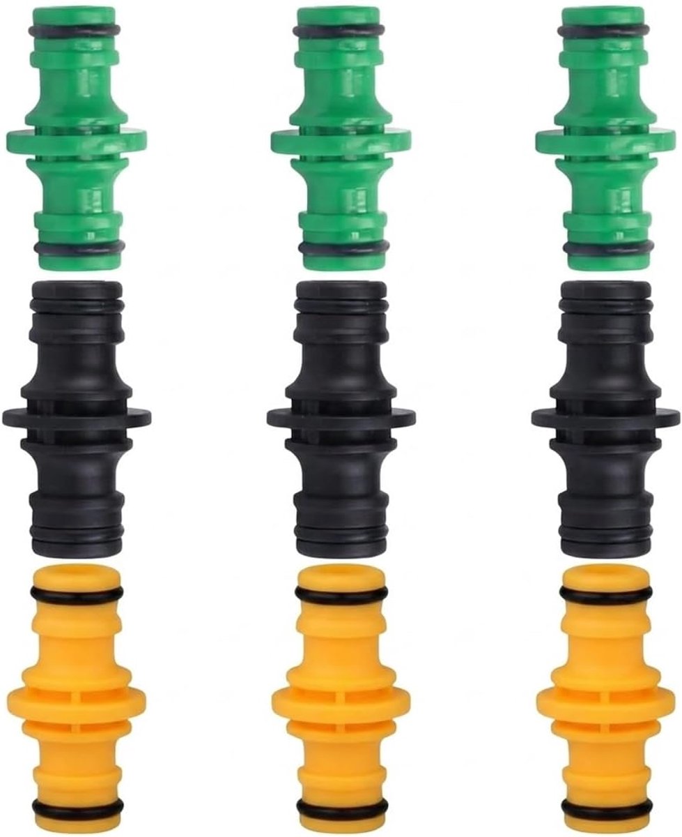 9 stuks kunststof verbindingsstukken in de kleuren groen, zwart en geel, voor het verlengen van de tuinslang 1/2 inch