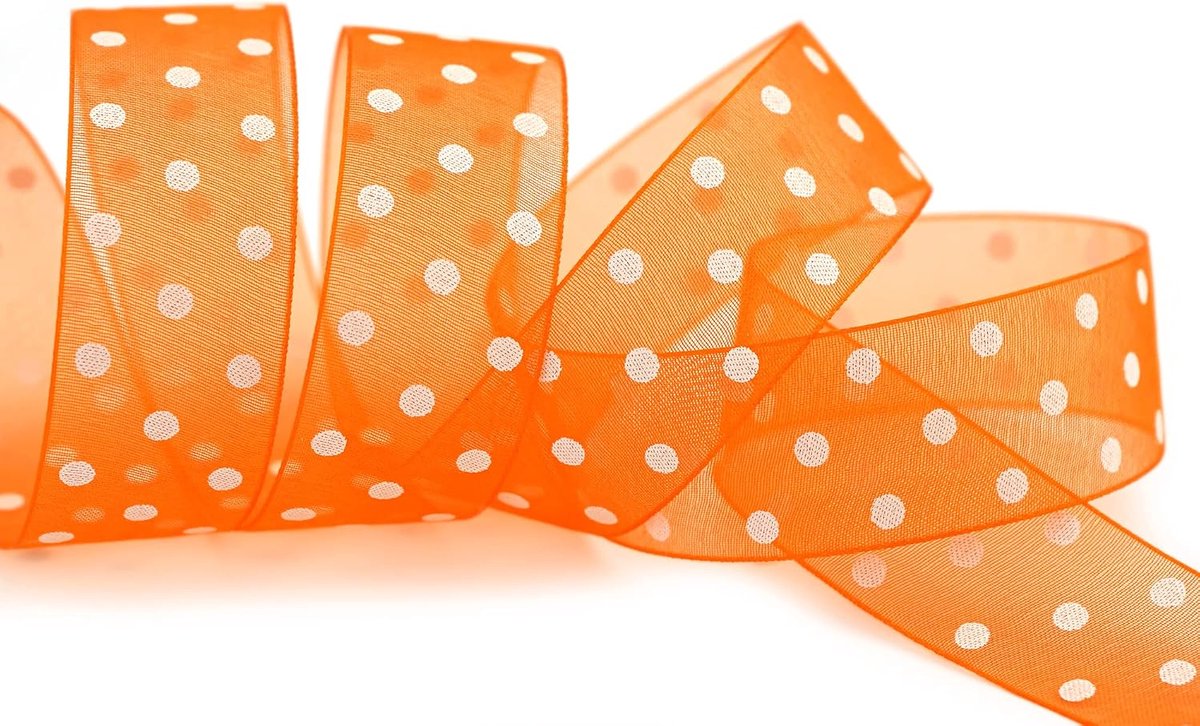20 m x 25 mm decoratielint chiffon stippen oranje met vormvaste randen cadeaulint transparant organza bruiloft verjaardag chiffon lint Pasen kinderen stippen gestippeld