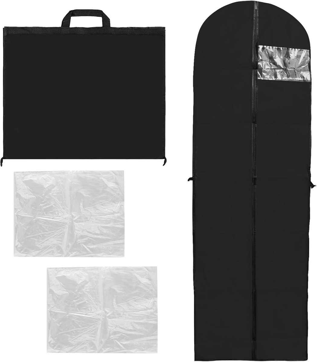 180 x 60 cm lange kledingzak, opvouwbare kledingzak, stofdicht met ritssluiting, met 2 transparante kledingzakken, voor jurken, bruidsjurken, jassen (zwart)