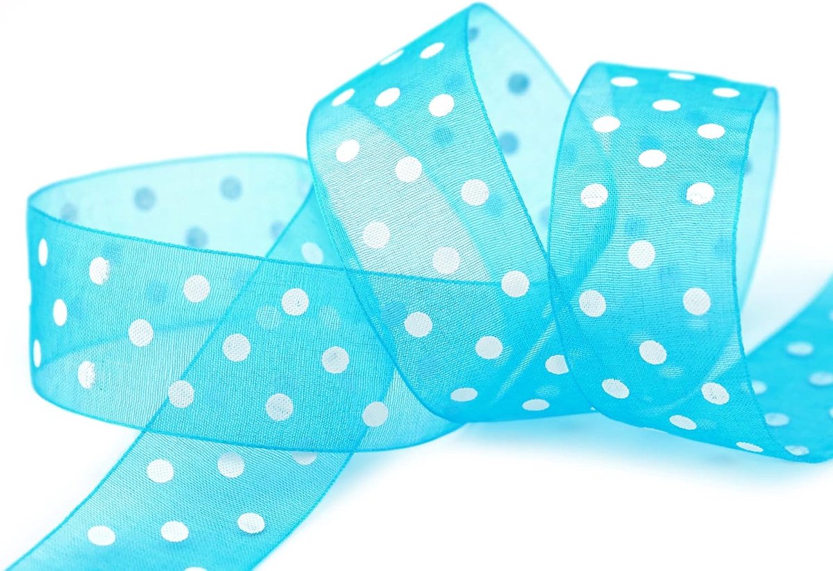 20 m x 25 mm decoratief lint chiffon stippen turquoise met vormvaste randen cadeaulint lint transparant organza bruiloft verjaardag chiffon lint Pasen kinderen stippen gestippeld