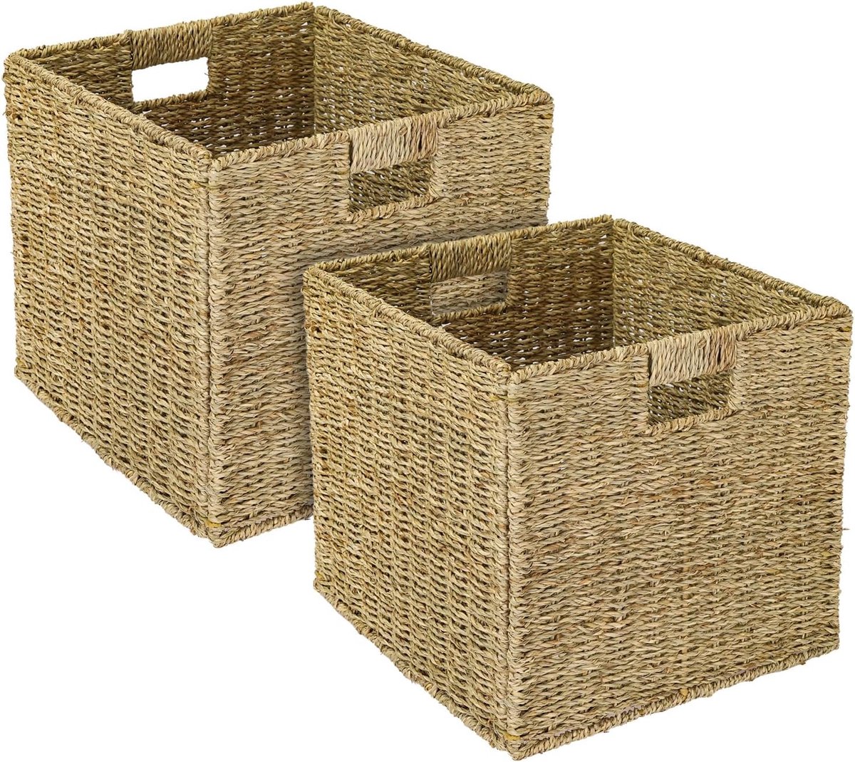 Opbergmand compatibel met Kallax rek, gevlochten mand van zeegras met handgrepen, 2 stuks, 32 x 34,5 x 32 cm, naturel