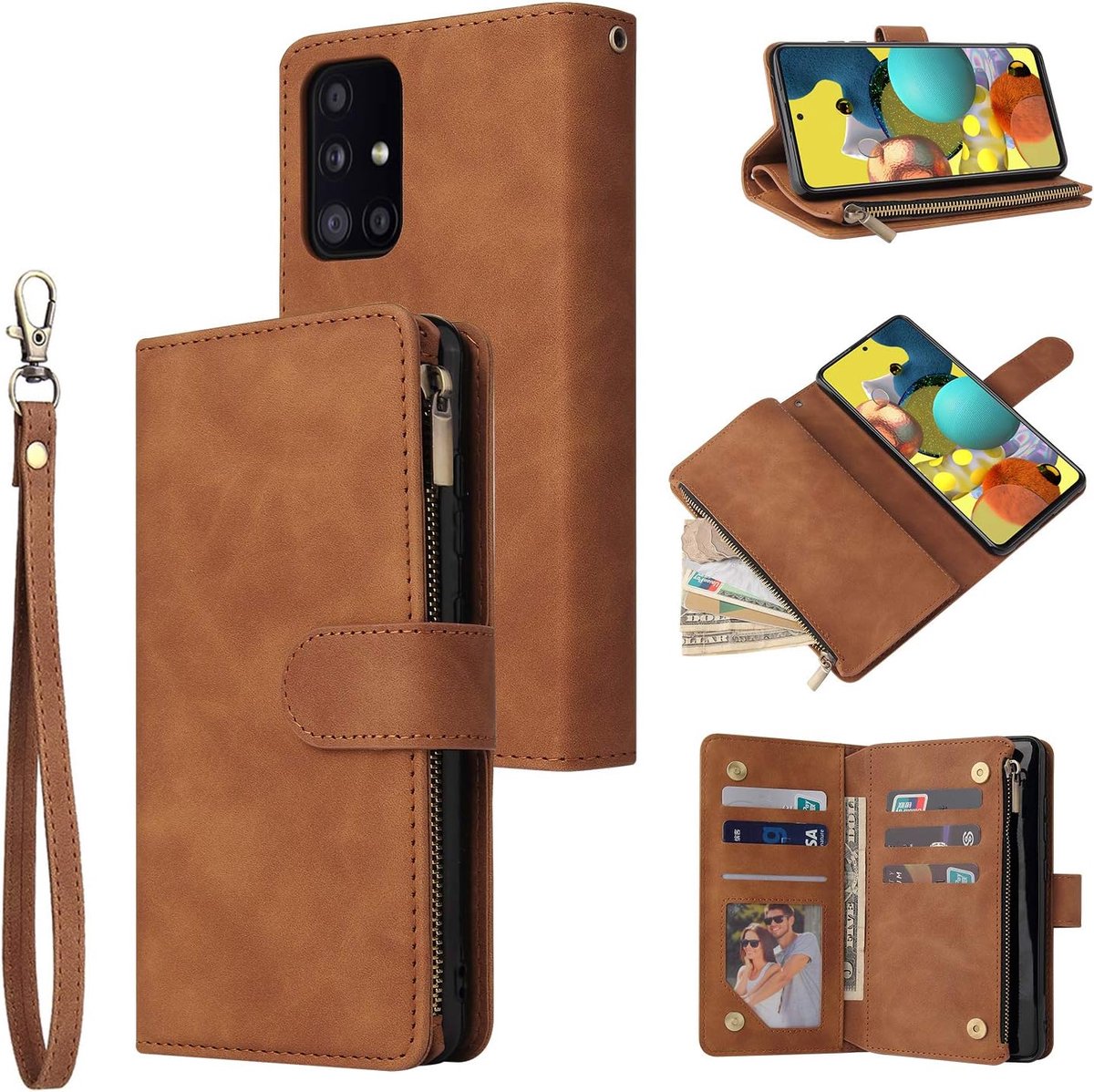 Portemonnee-hoesje voor Samsung Galaxy A51 4G, PU-leer, magnetische sluiting, handriem, meerdere kaartsleuven, kickstand, bruin