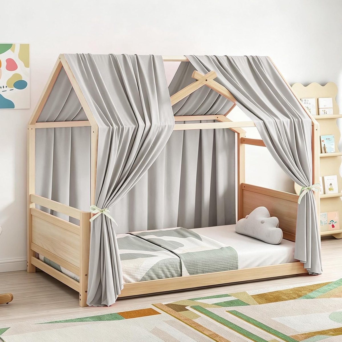 Home beddecoratieset, 2 stuks mousseline hemel stoffen hemel voor huisbedden meisjes jongens hemel kinderbed decoratie (lichtgrijs, 350 x 135 cm)