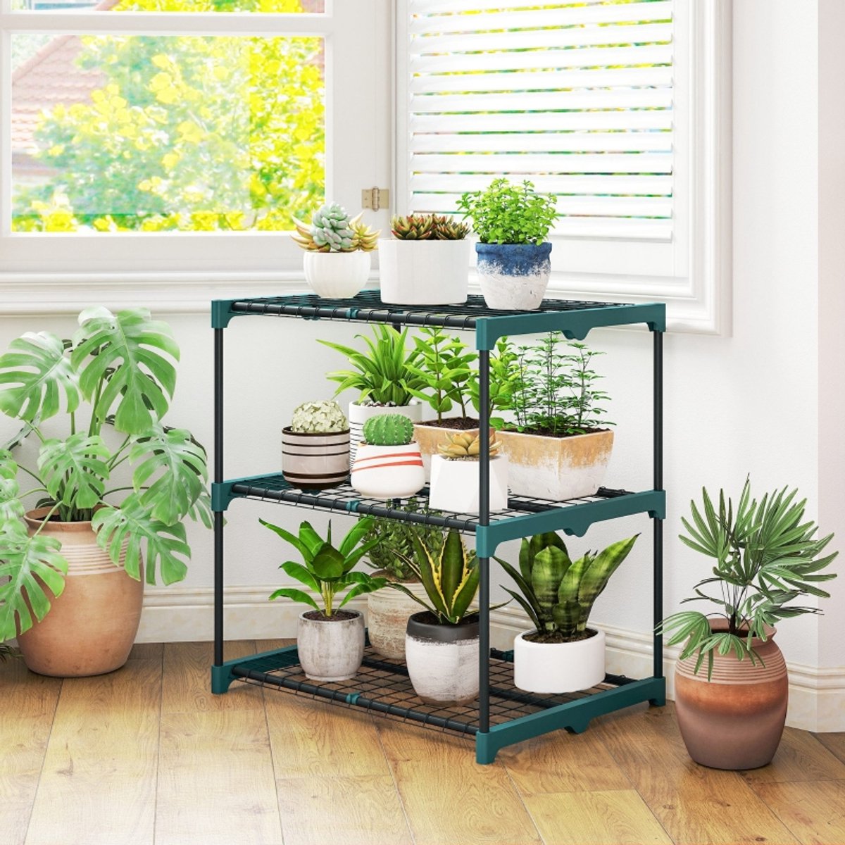 DESMIU Plantenstandaard – 3 Laags Open – 68 x 49 x 72 Cm – Staal En Kunststof – Donkergroen – Voor Binnen En Buiten