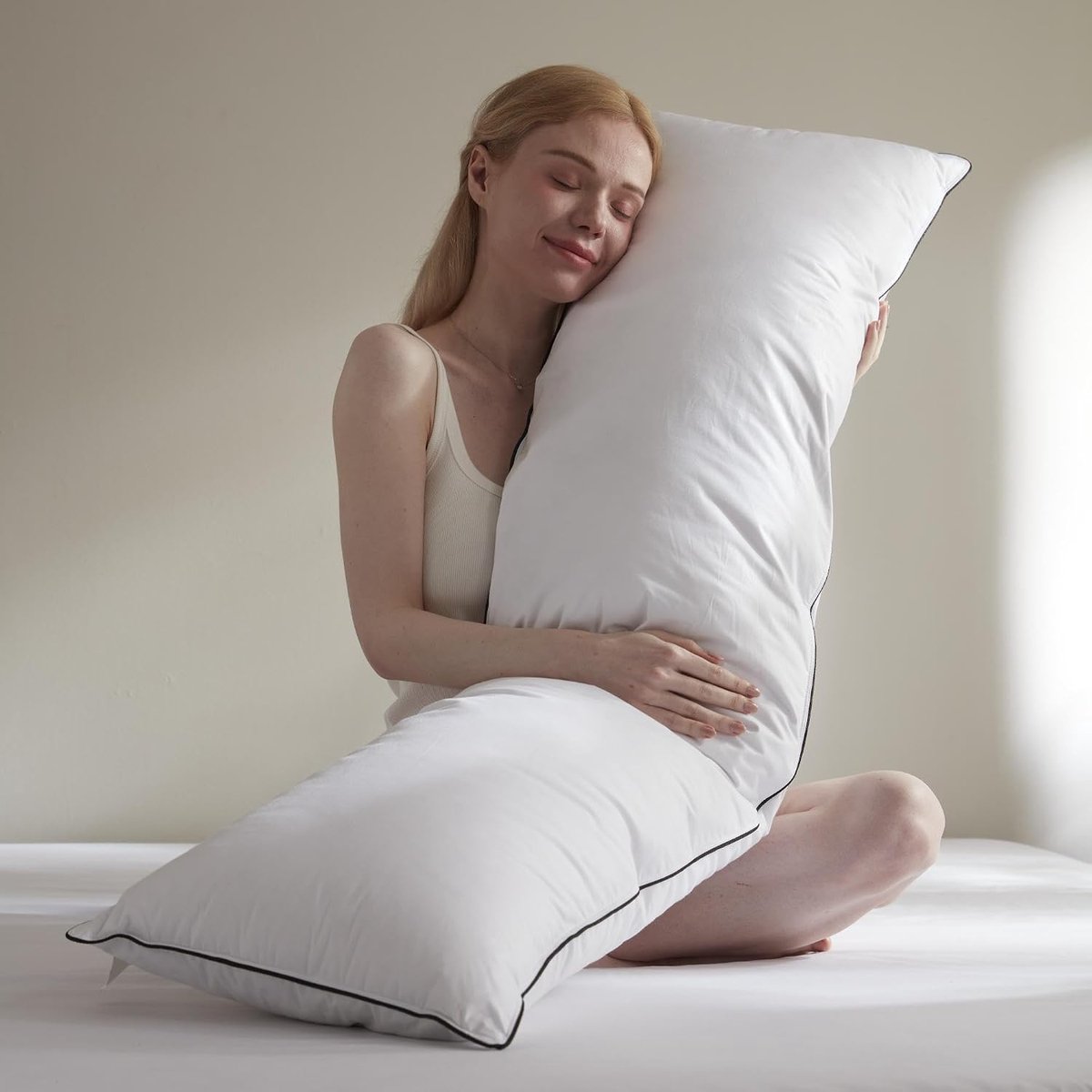 Zwangerschapskussen 40 x 145 cm, Platte Bolster van Ganzendons, 3 Kamers – Overtrek van 100% Biologisch Katoen, Lang en Comfortabel Lichaamskussen, om op de Zij te Slapen