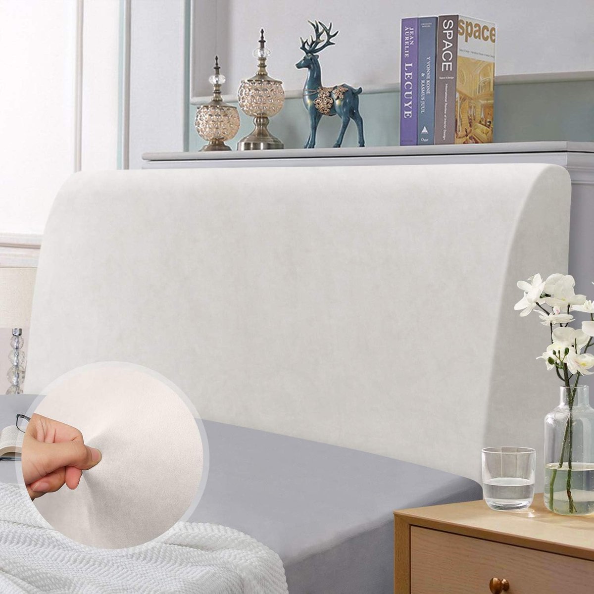 Hoes Voor Hoofdbord Van Het Bed, Elastisch van Stretchmateriaal, Zacht Fluweel, Effen, Volledige Afdekking, Wasbaar, Hoofdbordafdekking(Wit, 120-140CM)
