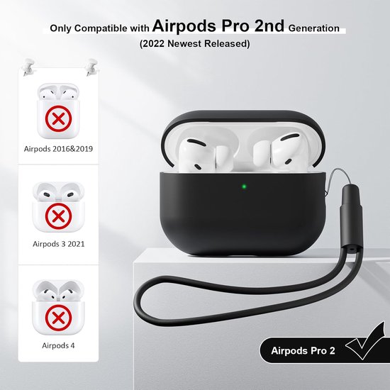Hoes Compatibel met Airpods Pro 2 Generation hoes 2022, Ultra-Thin, siliconen stootvaste zachte beschermhoes voor Airpods Pro 2, LED vooraan zichtbaar (zwart) — afbeelding 3