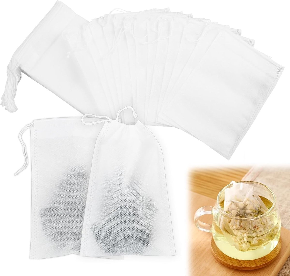 Theefilters, 10 x 15 cm, theezakjes van vliesstof, met trekkoord, voor losse thee, koffie, bloemen, kruiden en specerijen