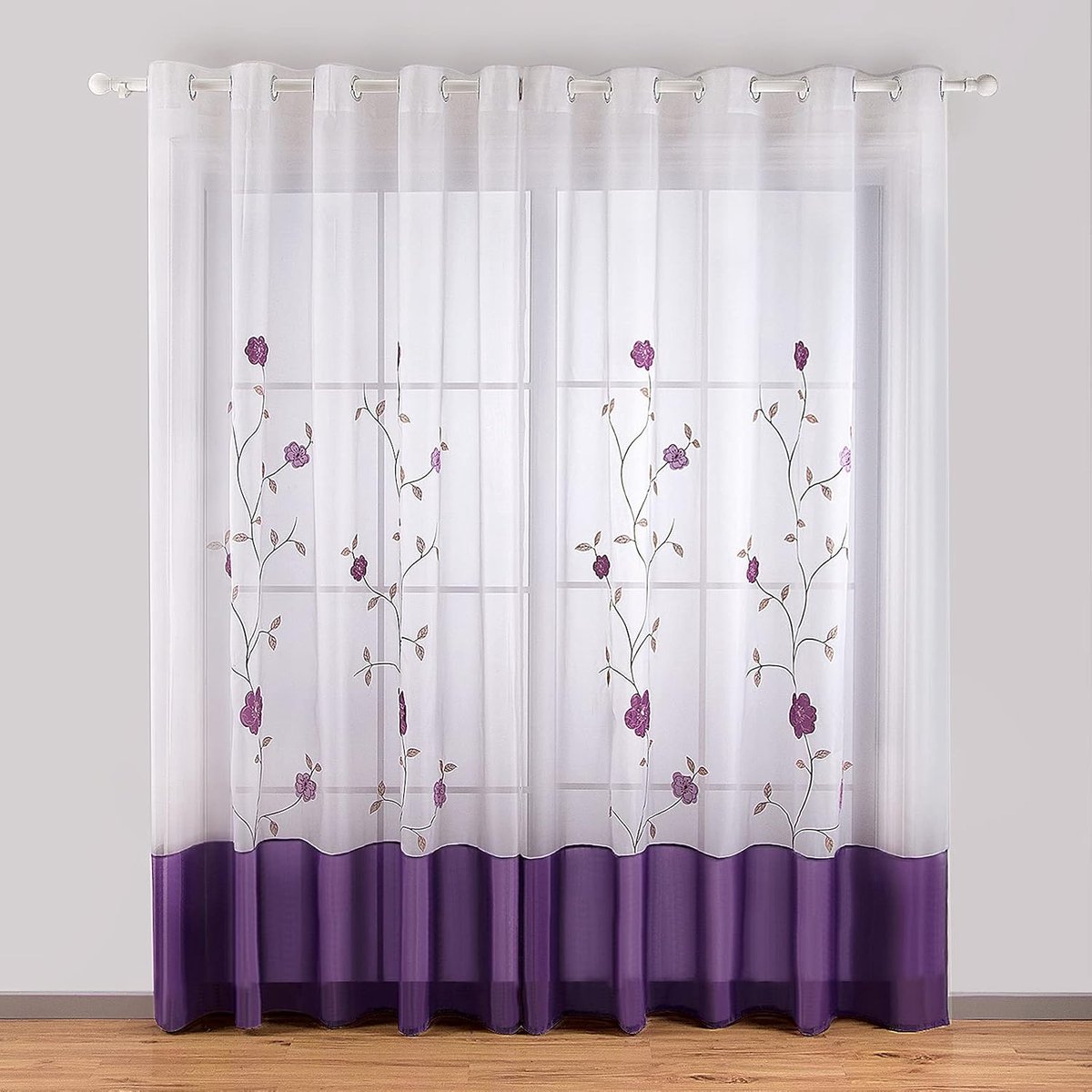 Gordijnen voor woonkamer, paars bloemenpatroon, 140 x 275 cm, 2 stuks | bloemenborduurwerk, delicate binnengordijnen, elegante woondecoratie, transparant gordijn beschermt je privacy