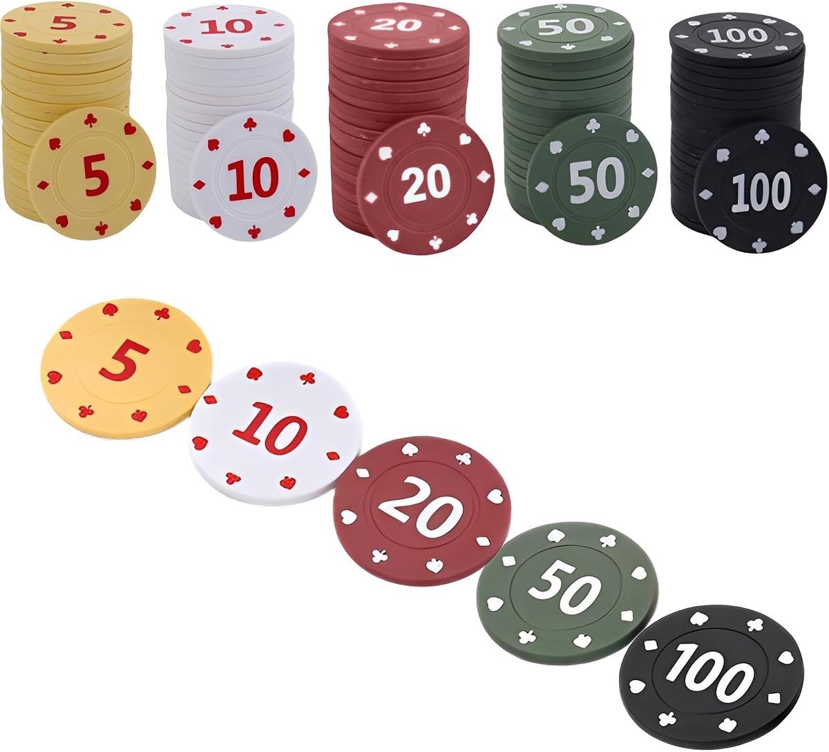 100 stuks pokerchips, jetons chips, casino chips, pokerchips met nominale waarden, feestaccessoires voor spelavonden, poker, blackjack en casinospellen