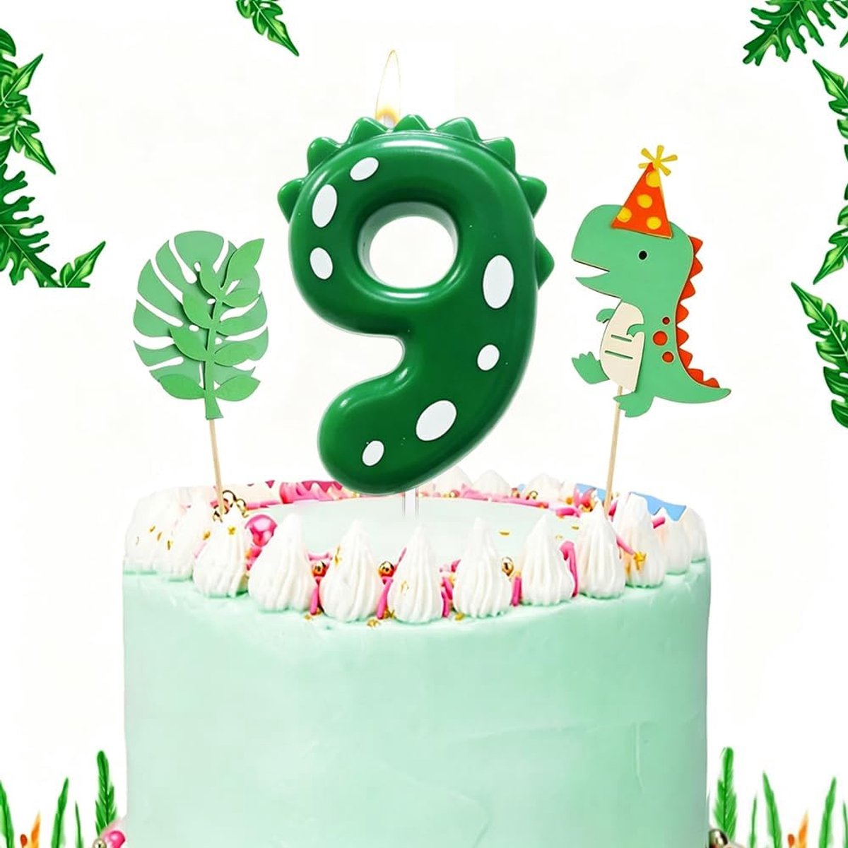 Dinosaurus taartkaars nummer, verjaardagskaarsen cijfers, kaarsen verjaardag dinosaurus, verjaardagskaarsen voor taart, themafeest, decoratie, 7 cm (groen getal 9)