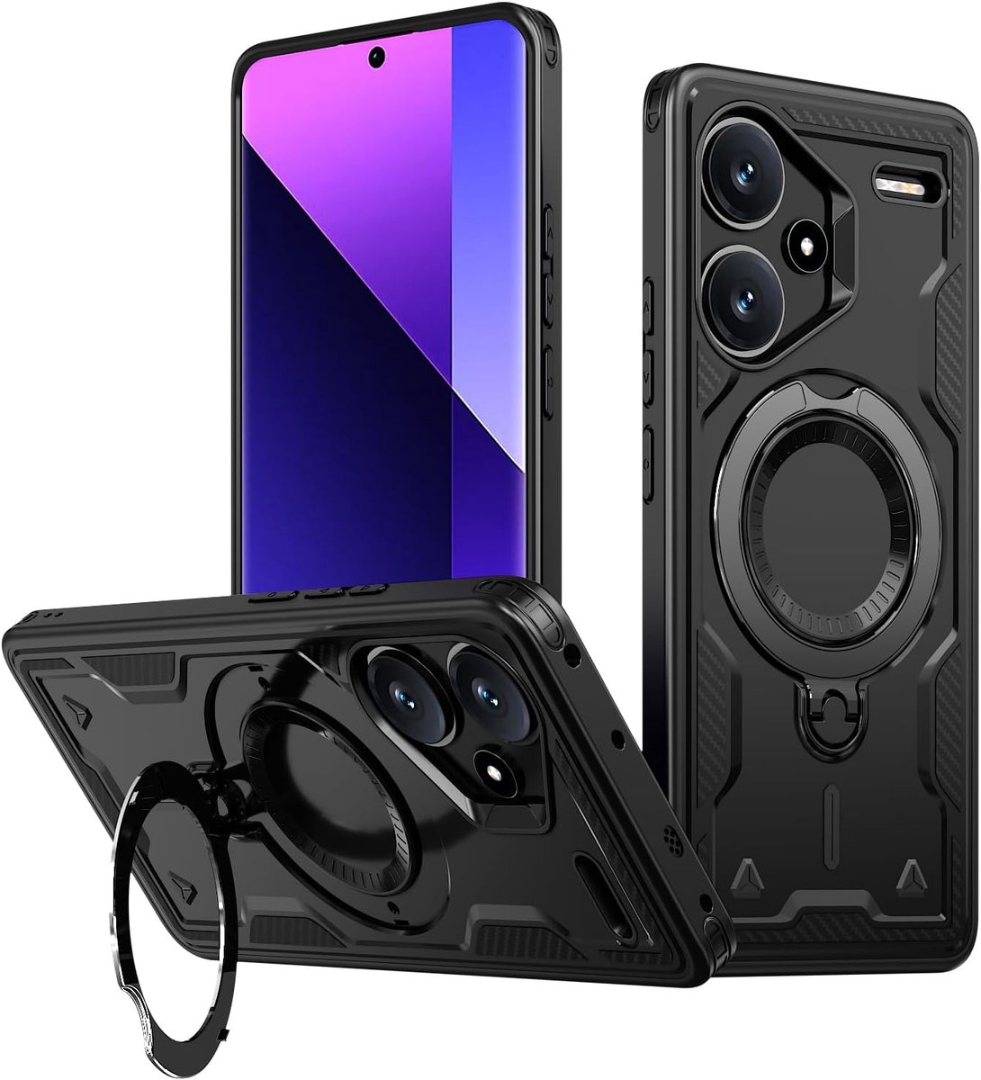 Armor Hoesje voor Xiaomi Redmi Note 13 Pro Plus 5G - 360° Metalen Ring Standaard, Magnetisch, Militaire Klasse Valbestendige Luchtkussen Case (Black)