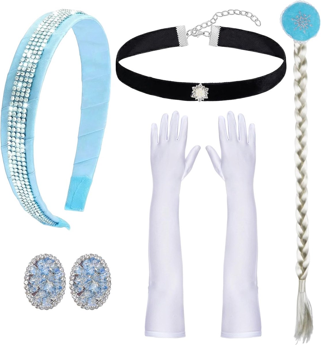 Blauwe prinsessenkroon, witte handschoenen, zwarte ketting, dames, strass-oorbellen met geweven vlechten, set voor prinses, carnaval, kostuum