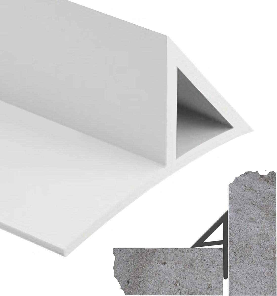 Kunststof driehoekige lijst met nagelvlag, 80 strekkende meter, zichtbare betonkwaliteit ideaal geschikt voor het maken van betonnen steunen met gebroken rand, 10 x 14,2 x 27 mm