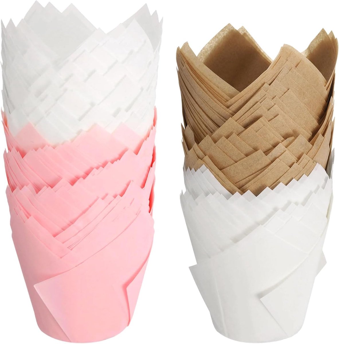 150 stuks tulpen, bakvormen, cupcake, muffins liner, papier, vetbestendige wrapper voor bruiloft, verjaardagsfeest, Kerstmis (8,9 x 5,8 cm, roze/wit/bruin)