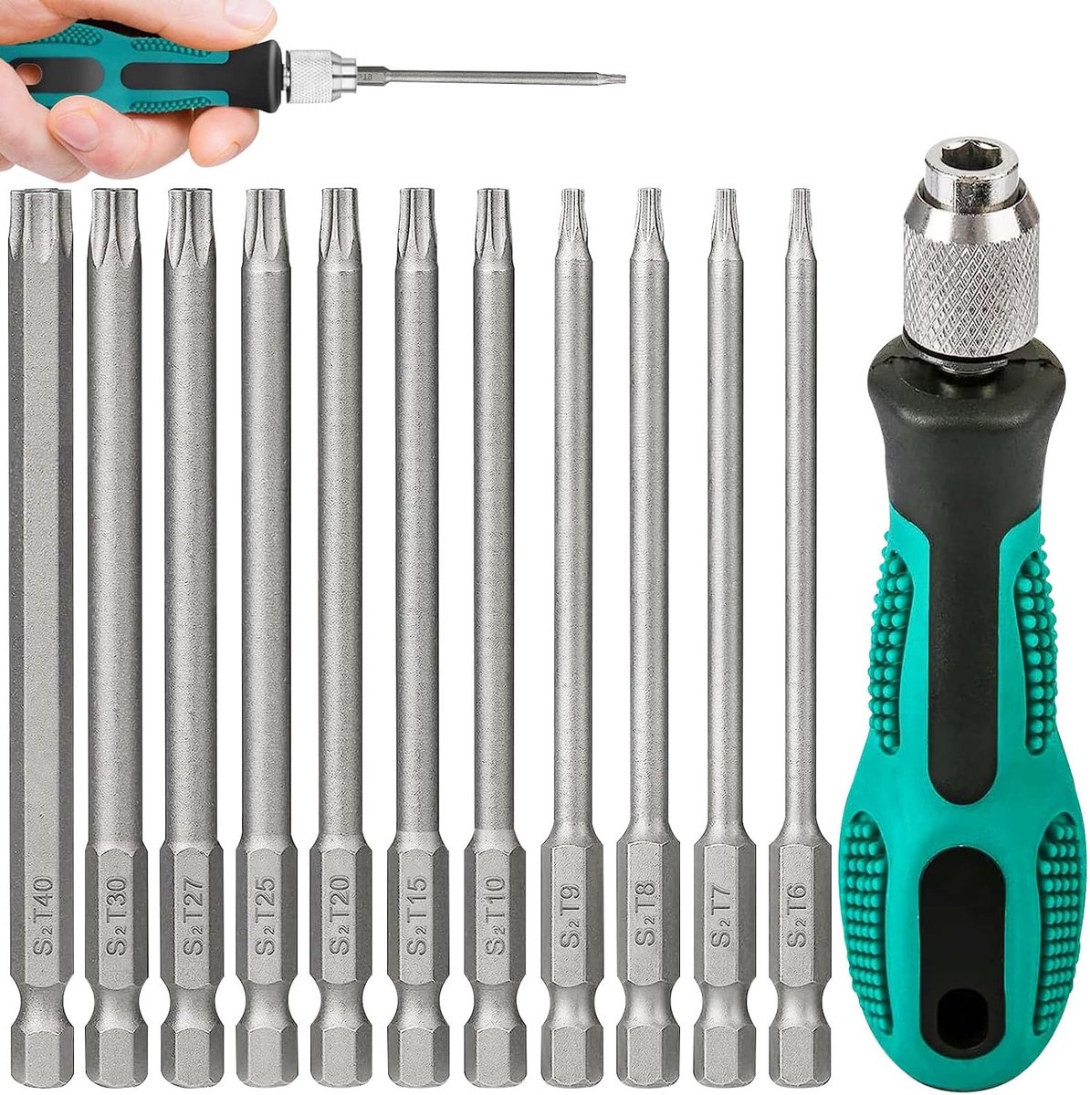 Torx-schroevendraaierset, 100 mm, T6-T40, torx, magnetische sterschroevendraaierset met handgreep, lange zeskantige schacht, S2 stalen sterkopschroevendraaier