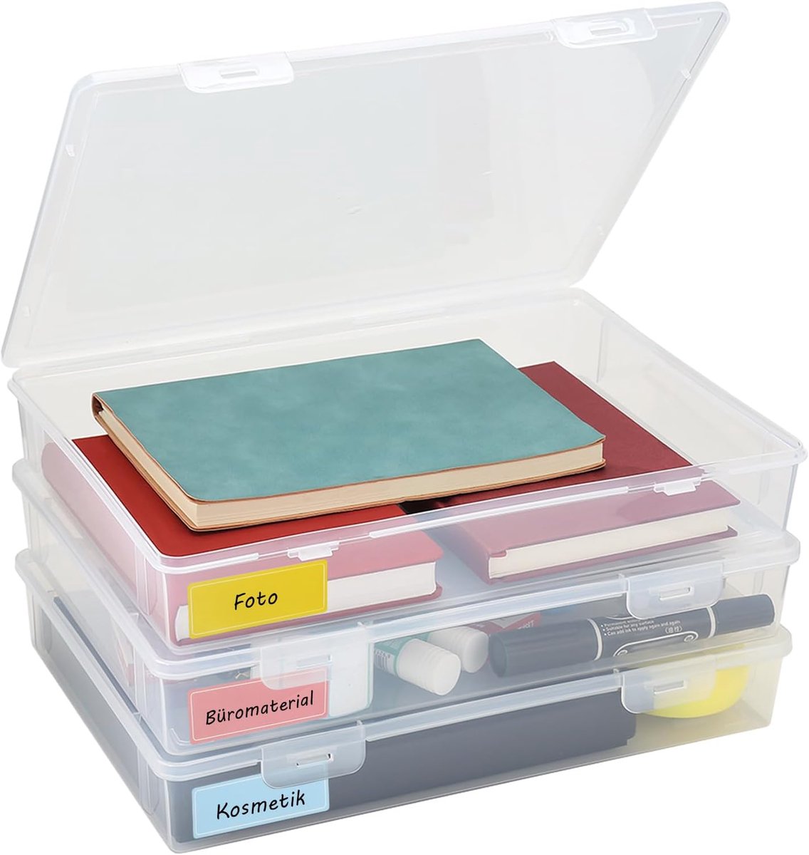 Opbergdoos met deksel, A4 kunststof box, 2 stuks, plastic doos met deksel, multifunctionele opbergdoos, pennenbox met afsluitbare deksels voor documenten, brieven, verzamelalbums