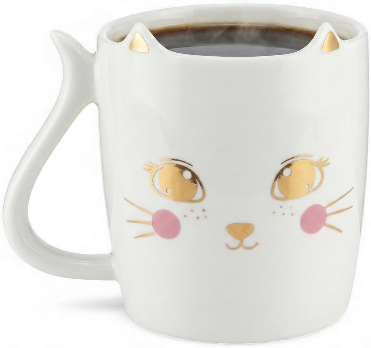Koffiemok met kattenoren, theekop koffiemok met handvat voor kattenliefhebbers, 350 ml, 9,5 cm hoogte Ø9 cm, kattengezicht & spreuk, kattenstaart-handvat (Kitty Inside)