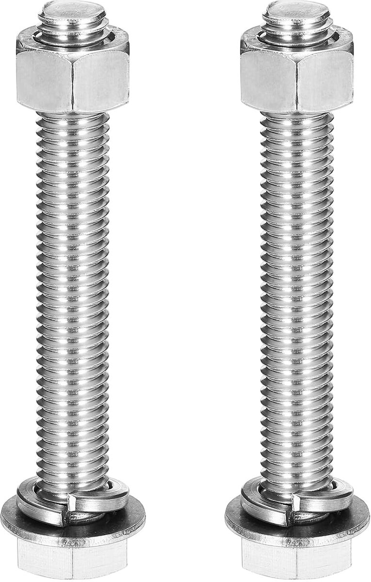Schroeven assortiment zeskantkop M12 x 85 mm roestvrij staal 304 met moeren, platte sluitringen en vergrendeling, volledige schroefdraad, afwerking voor huis, elektronica, 2 sets