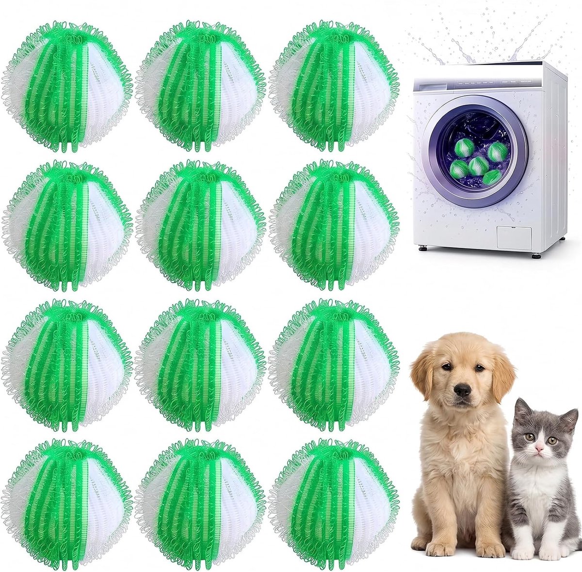 Haarvanger voor de wasmachine, herbruikbaar, 3,5 cm, voor het verwijderen van hondenharen, kattenharen en pluisjes in kleding, grasgroen, 12 stuks