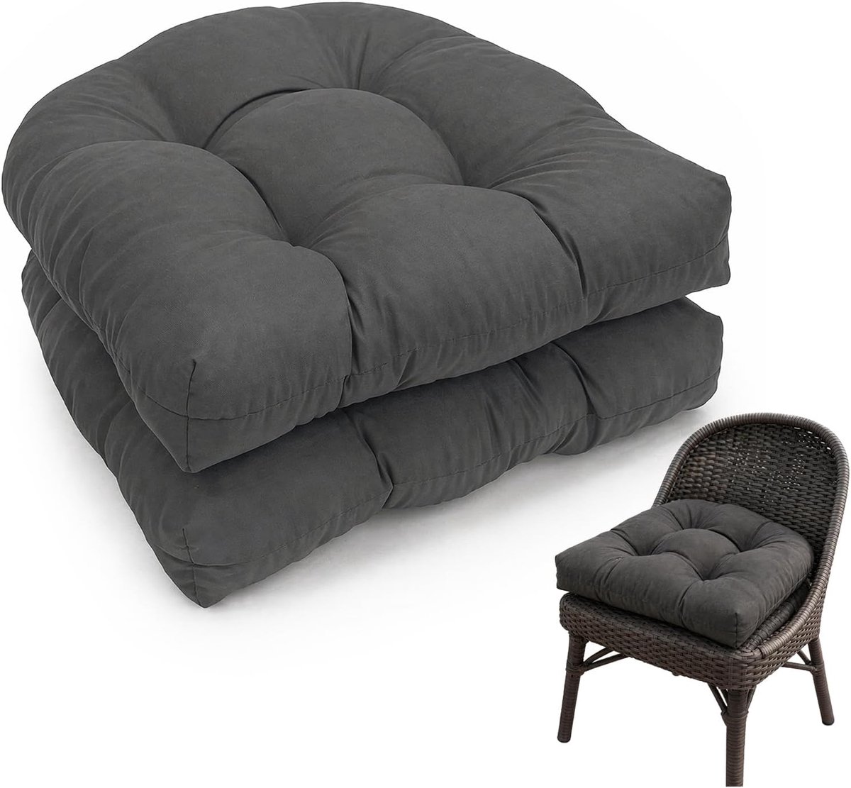Set van 2 stoelkussens voor buiten, balkon, zitkussen, halfrond, 48 x 48 cm, waterdicht, lage rugleuning, moderne dikte, met banden, voor kantoor, tuinstoelen en rotanstoelen (grijs)