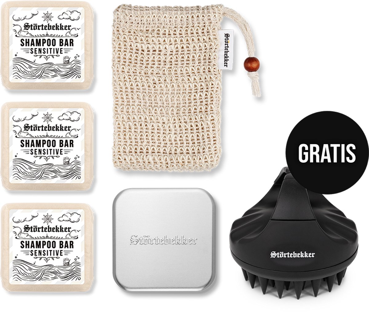 Störtebekker® Premium Douche Set Hair Sensitief - Shower Set Heren met pH-Huidneutrale Formule - 3x Vaste Shampoo (100g), Sisal Washandje, Zeepdoos & GRATIS Siliconen Hoofdhuidborstel - Handgemaakt in Nederland