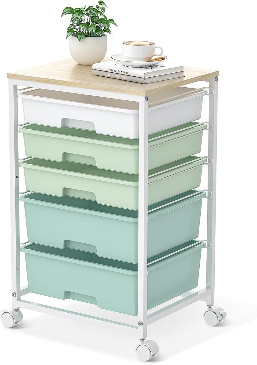 Ladenkastje - Groen - 39,5 x 32 x 64,7 cm - Met 5 Laden en Houten Tafelblad - Voor Keuken en Woonkamer