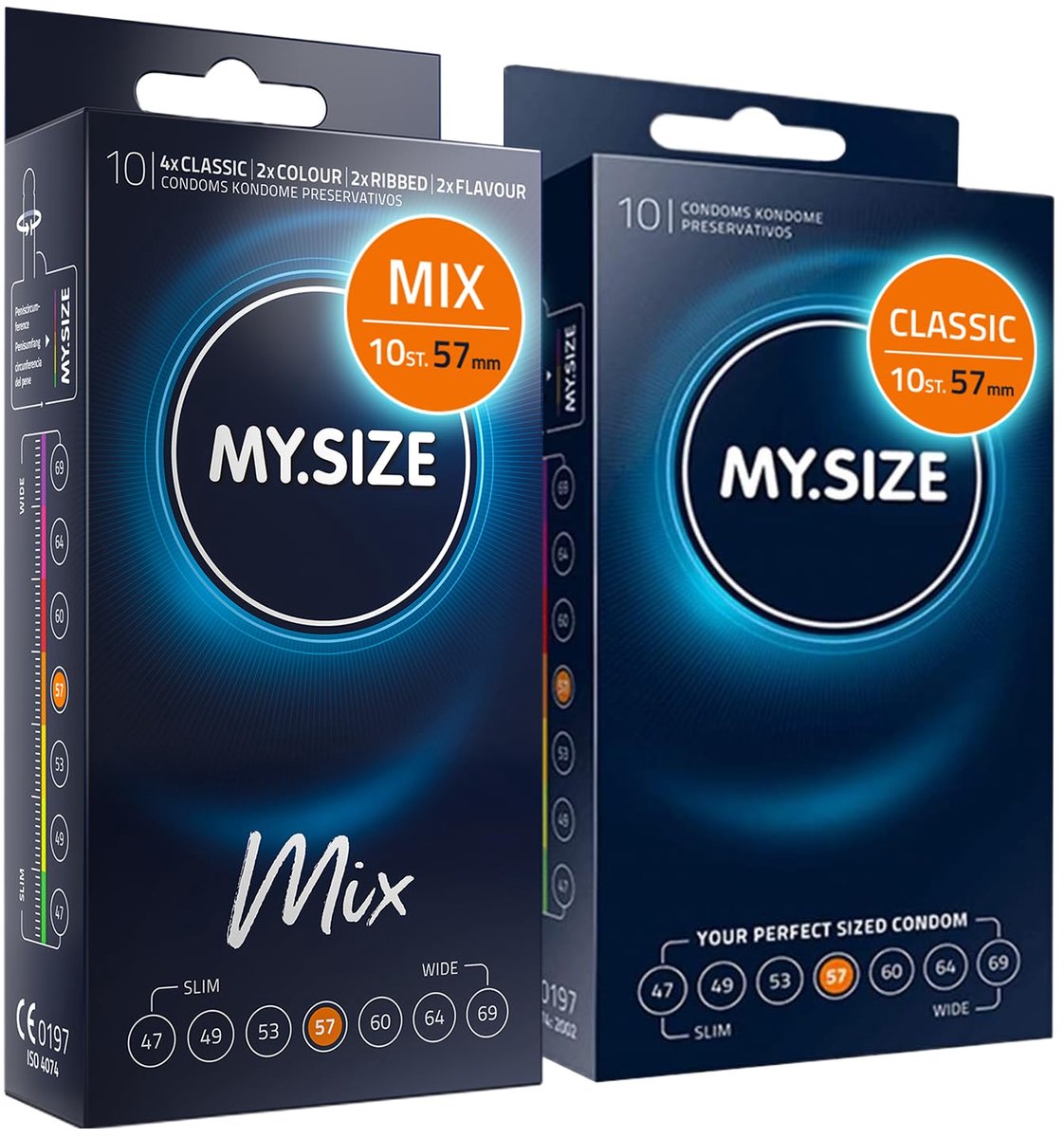 MY.SIZE Mix SET Maat 4, 57 mm: 10 Classic + 10 Condooms in 4 spannende soorten, met aroma, kleur, genopt & Classic