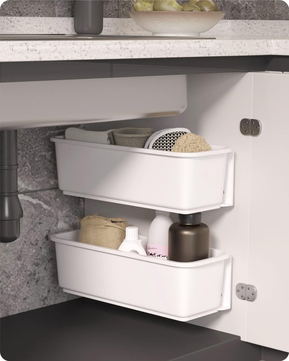 Opbergsysteem keukenkastjes - Wit - 37,6 x 15,2 x 11,2 cm - Uittrekbare kunststof schuifmanden - Voor keuken en badkamer