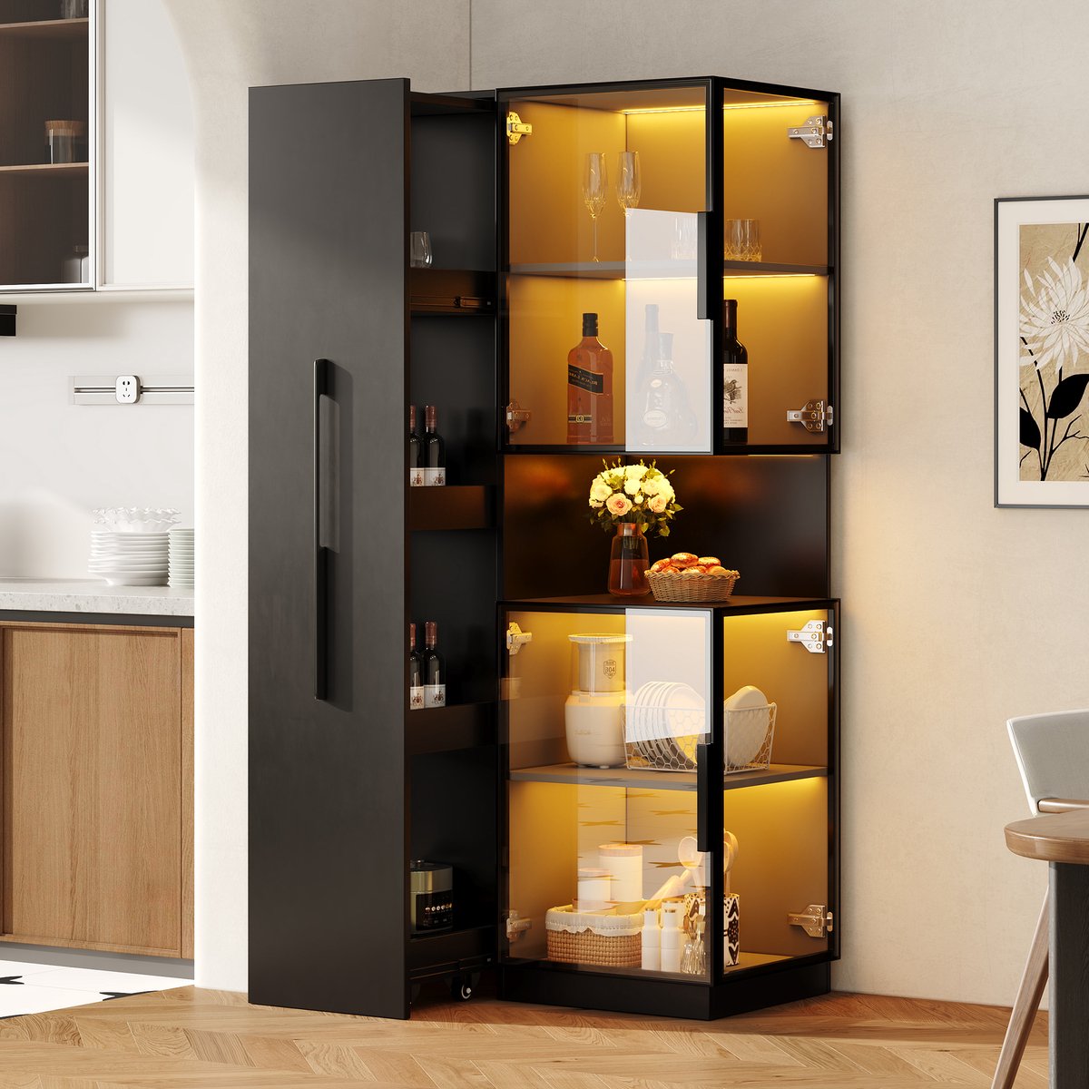 Sweiko Vitrinekast - Boekenkast - Badkamerkast - Glazen deuren - LED-verlichting - 70 × 38 × 160 cm - Zwart