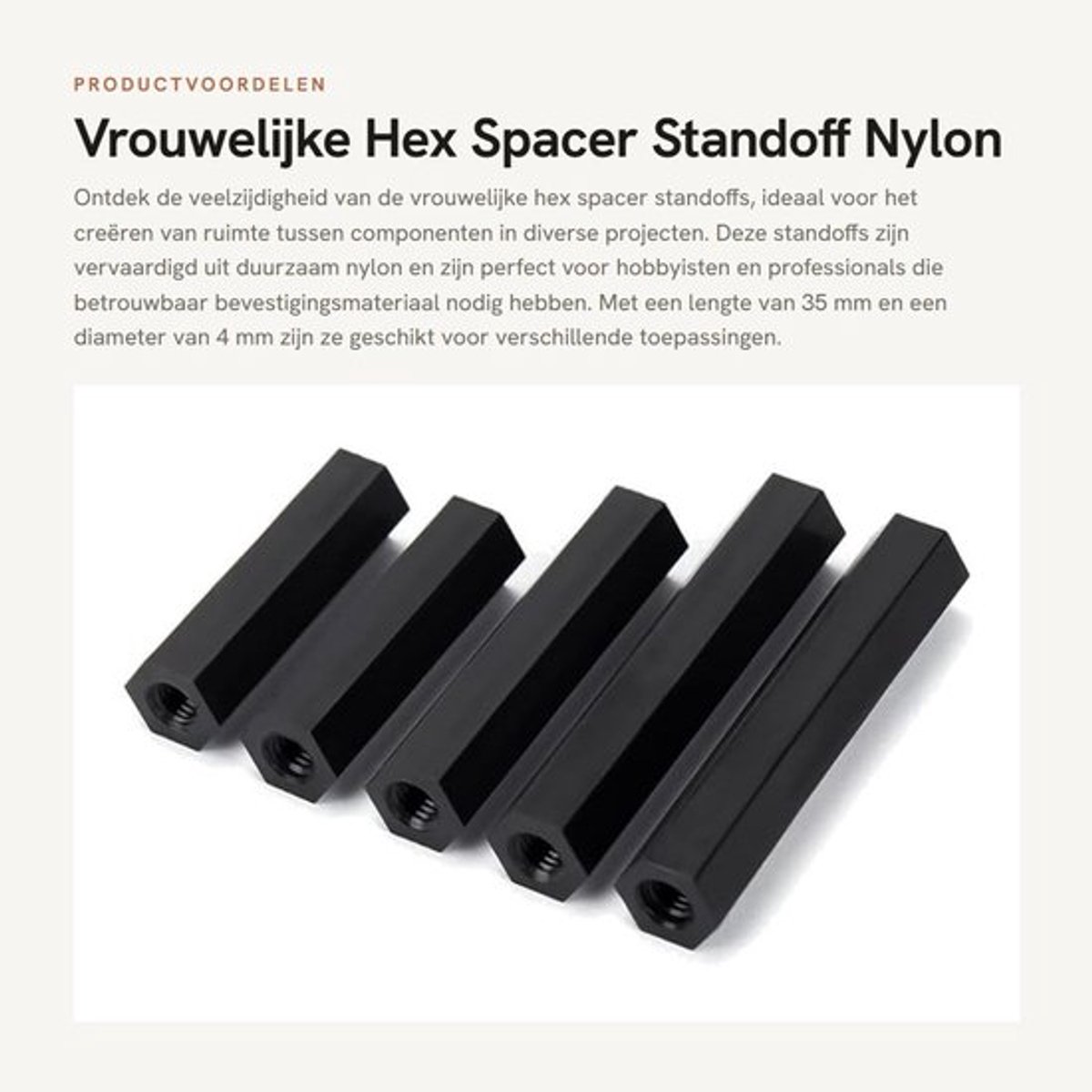 Vrouwelijke Hex Spacer Standoff - Nylon bevestigingsmiddelen - Zwart - M4x35mm - 20 stuks - Geschikt voor diverse toepassingen