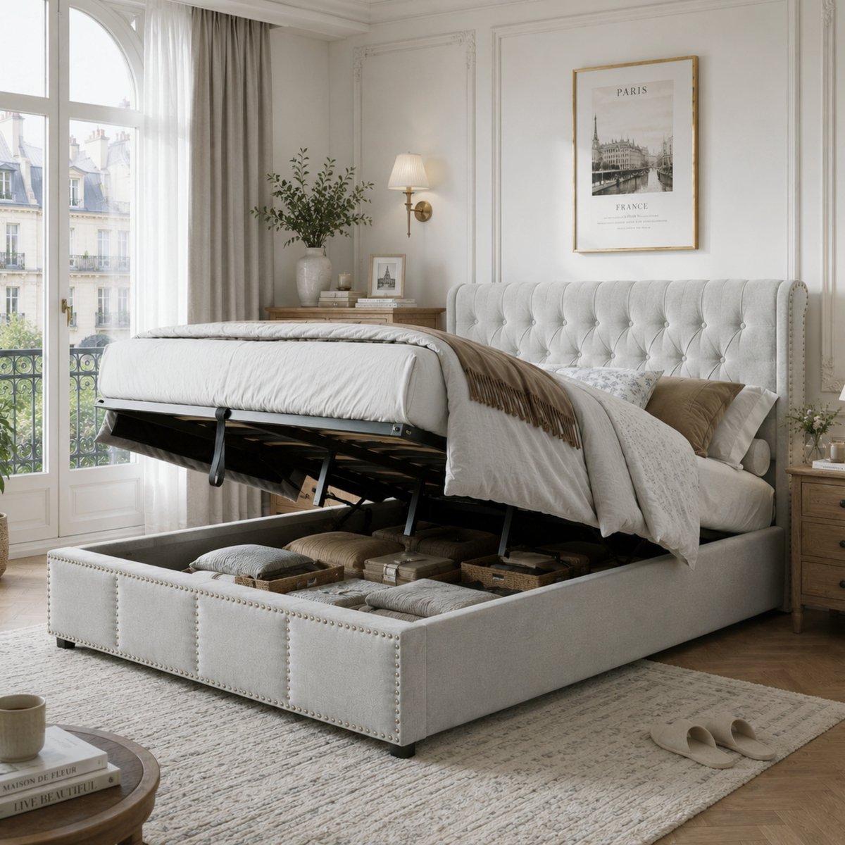 Gestoffeerd bedframe - voor matras 180 x 200 cm - grijs - met opbergruimte en lattenbodem - matras niet inbegrepen - voor de slaapkamer